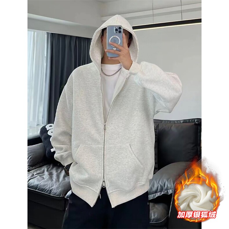 网图新款480g重磅银狐绒双拉链连帽卫衣外套男W24581J加绒-特P40,女装短外套,电商A001