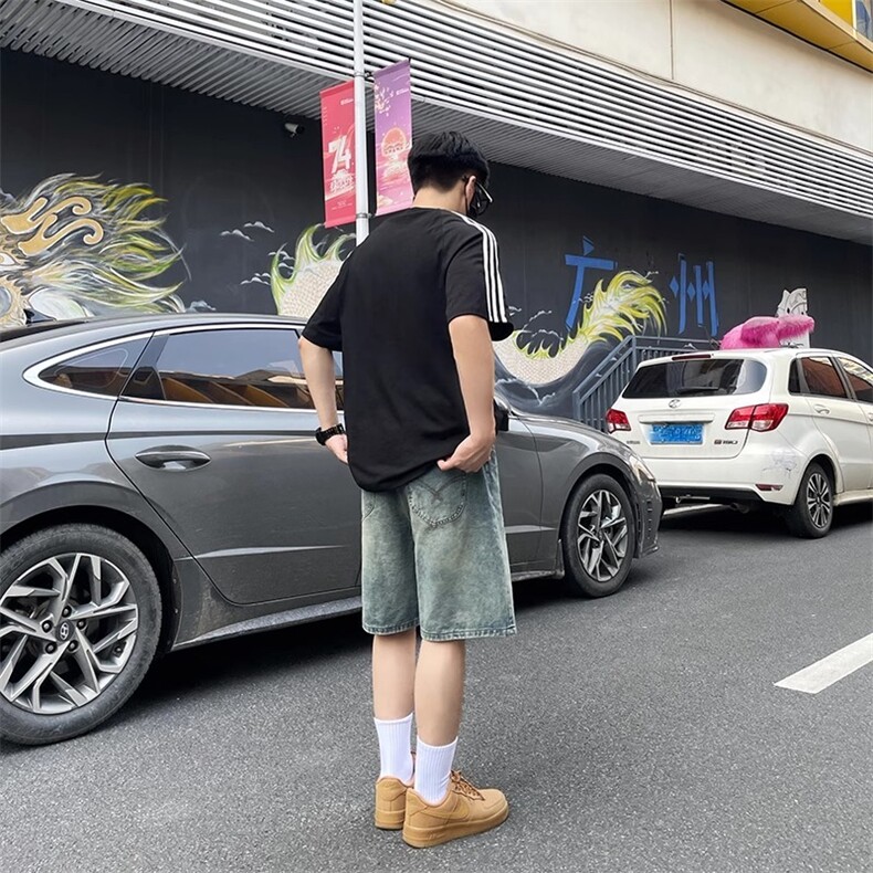美式复古牛仔短裤男夏季新款水洗做旧宽松直筒五分裤A6106-P45,男装牛仔裤,星座208-5