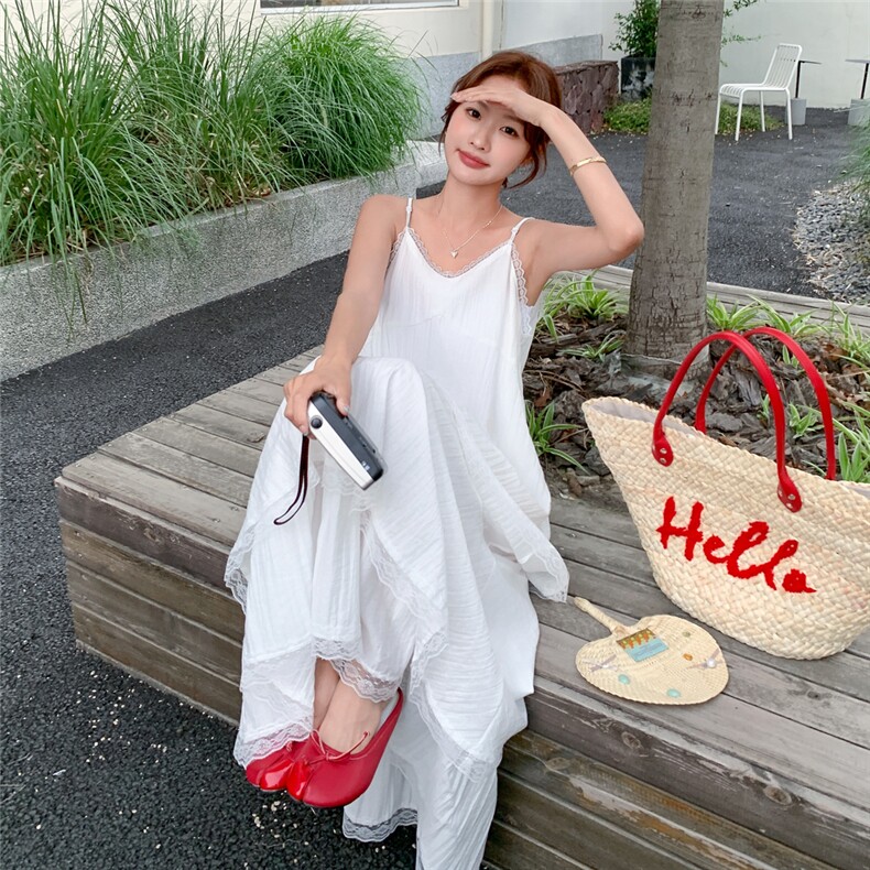 白色甜美蕾丝花边吊带裙女2025新款夏季法式淡人绝美温柔风蛋糕裙,女装连衣裙,2C239