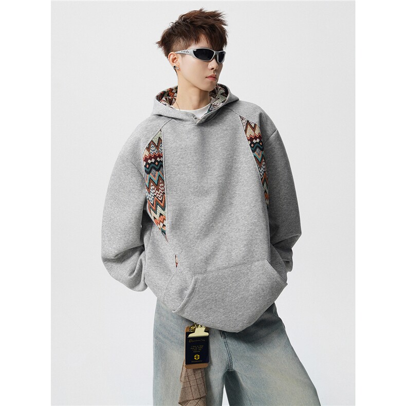 重磅民族风拼接撞色卫衣大码秋冬复古连帽衫外套LW608特P55加绒65，男装民族服装，电商B215