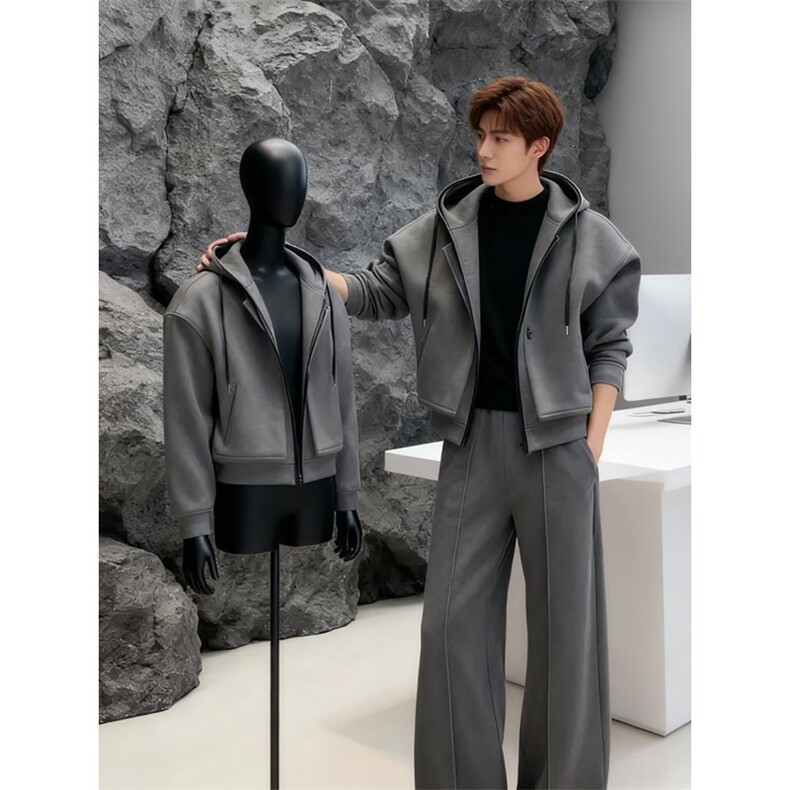 DD335P81高级感男生穿搭套装冬季2026新款廓形连帽时尚休闲卫衣，男装休闲套装，电商B323A
