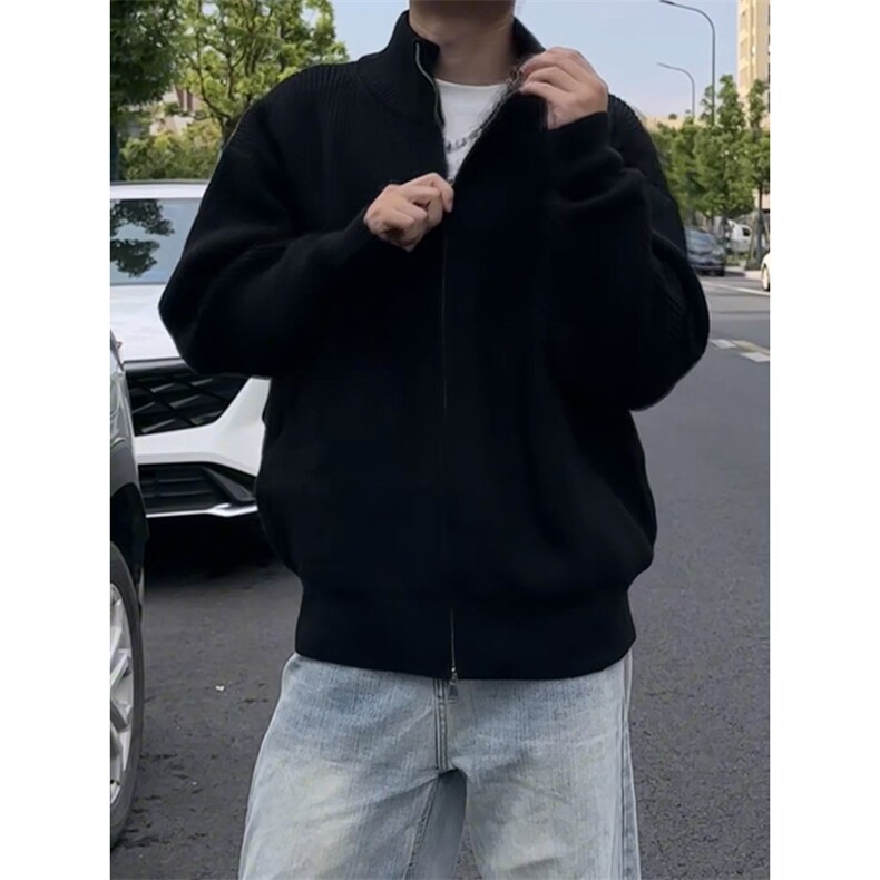 重磅秋冬北极绒双拉链毛衣开衫美式复古休闲慵懒风宽松针织衫外套,男装针织衫/毛衣,电商A486