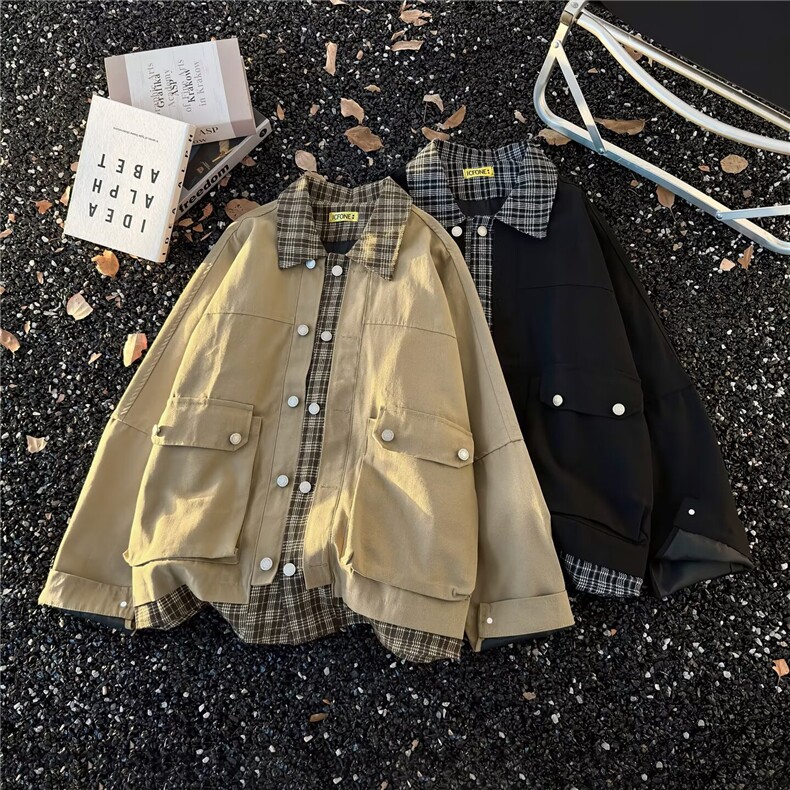 气质时尚登山棉料假两件格子夹克百搭文艺新款流行ins潮流原宿，男装夹克，星座1210-1
