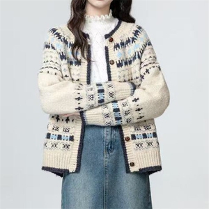 2025年秋季长袖提花圆领开衫时尚百搭通勤简约休闲,女装针织衫/毛衣,萱芳婷羊绒