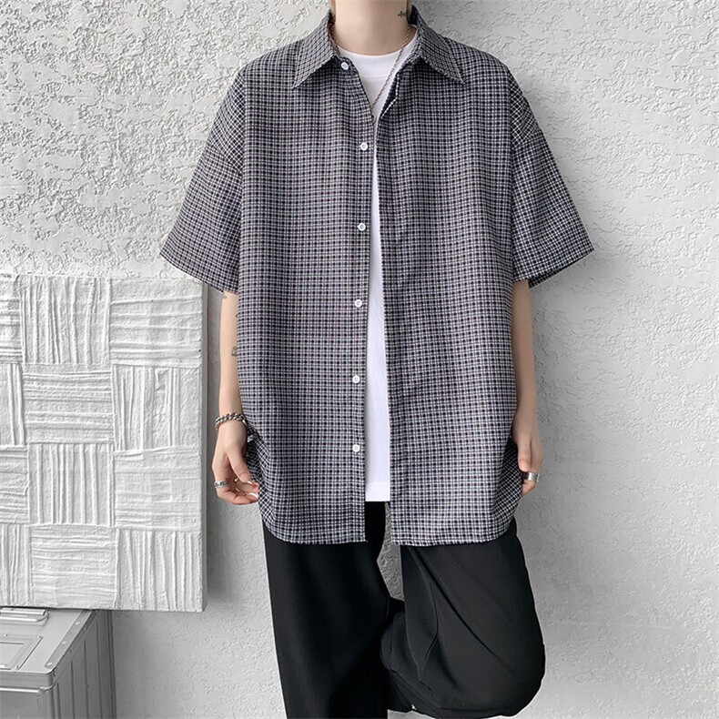 8XL-M短袖衬衫男夏宽松慵懒风痞帅条纹格子衫半袖外套DC28005P40,男装衬衫,电商B312