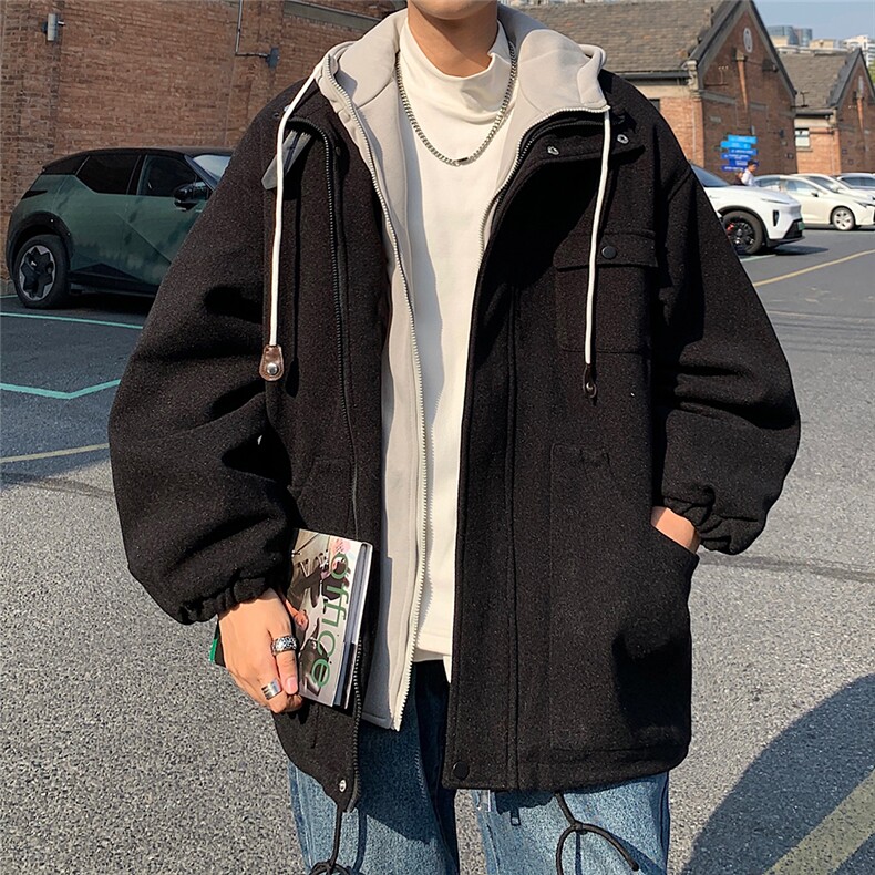 EQ158纯色拼接连帽呢料大衣外套男2024新款韩版纯色冬季加厚棉衣,男装棉衣,电商C306-1