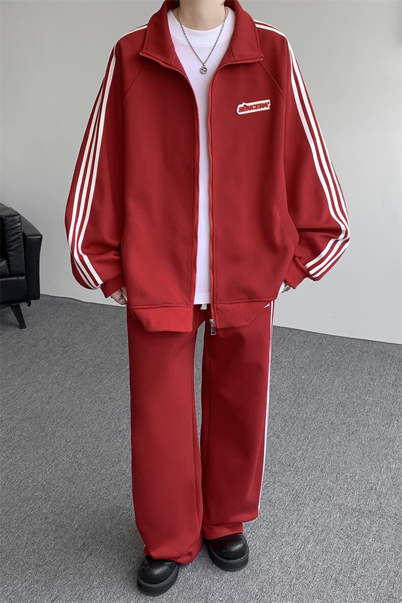 8XL-M条纹撞色开衫新年红卫衣运动套装潮牌运动服校园风TZ114P118,男装休闲套装,电商D206-1