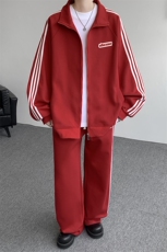 8XL-M条纹撞色开衫新年红卫衣运动套装潮牌运动服校园风TZ114P118，男装休闲套装，电商D206-1