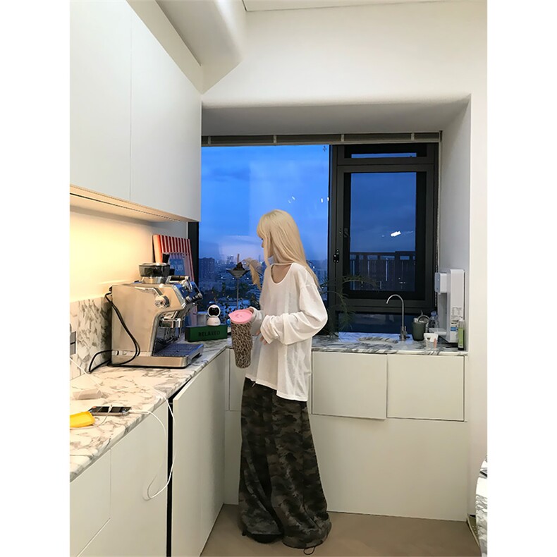 JMJ美式复古抽绳阔腿迷彩裤男女宽松休闲潮流百搭直筒拖地长裤,男装休闲裤,星座506A