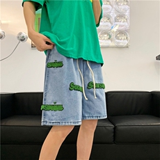 现货夏季潮牌毛巾刺绣五分裤美式牛仔裤男港风ins中裤K3035-P35，男装牛仔裤，星座512-3