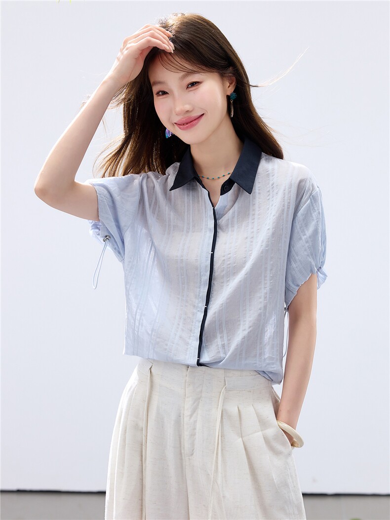 2026年夏季衬衫领撞色翻领短袖袖口抽绳衬衫上衣小衫,女装衬衫,简韵佳