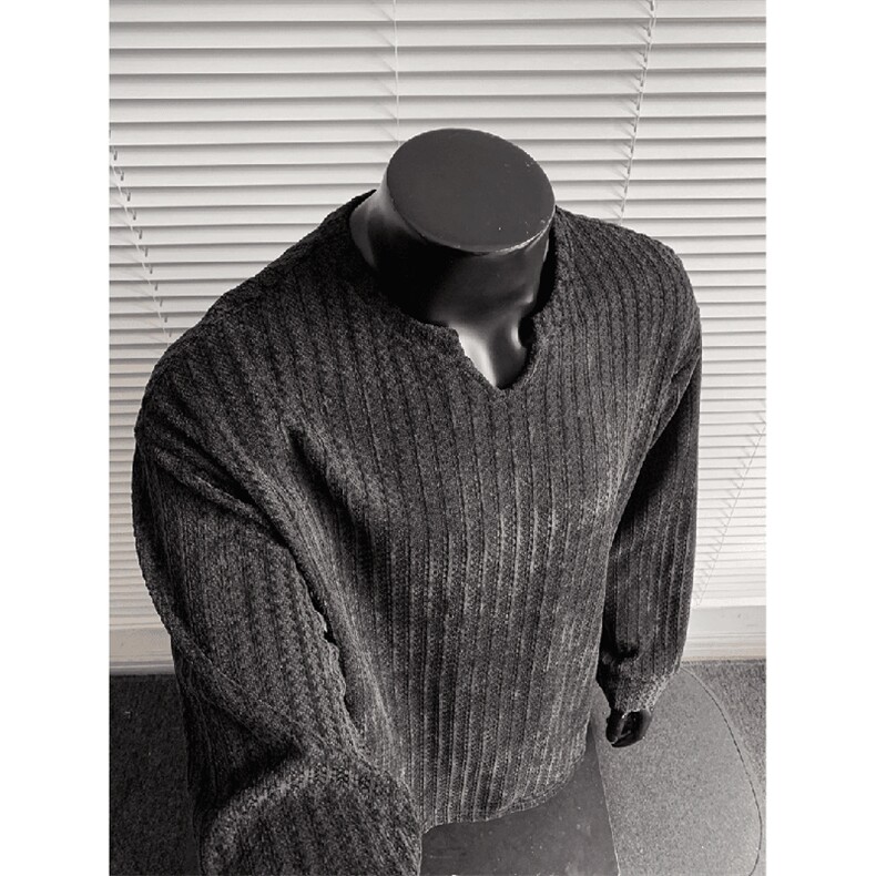 美式高街千鸟格子长袖T恤男女亨利V领英伦雅痞休闲宽松长袖打底衫，男装T恤，电商A443