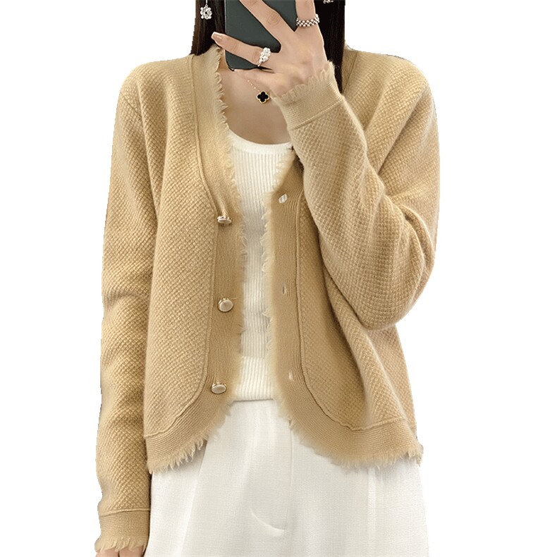 秋冬开衫毛衣女V领花边纯色短款外套宽松显瘦加厚羊毛长袖针织衫,针织衫/毛衣,佳绒包芯纱店