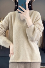 欧货重磅V领提花羊绒毛衣女秋冬新款宽松慵懒风羊毛衫针织打底衫，女装羊毛衫，鸿陌羊绒