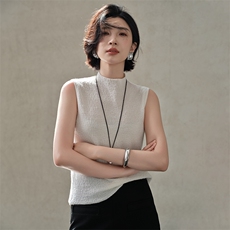 女士半高领肌理纹无袖衫，女装羊绒衫，江帆羊绒