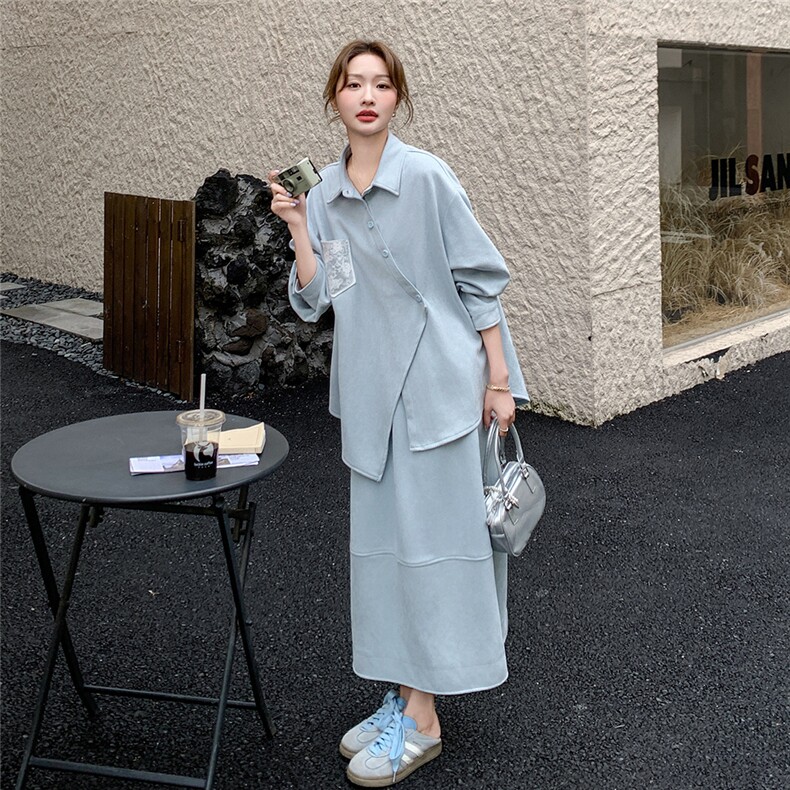 设计感不规则长袖衬衫半身裙套装女2025春季新款韩系慵懒风两件套,女装套装/套裙,2C272