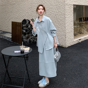 设计感不规则长袖衬衫半身裙套装女2025春季新款韩系慵懒风两件套图片