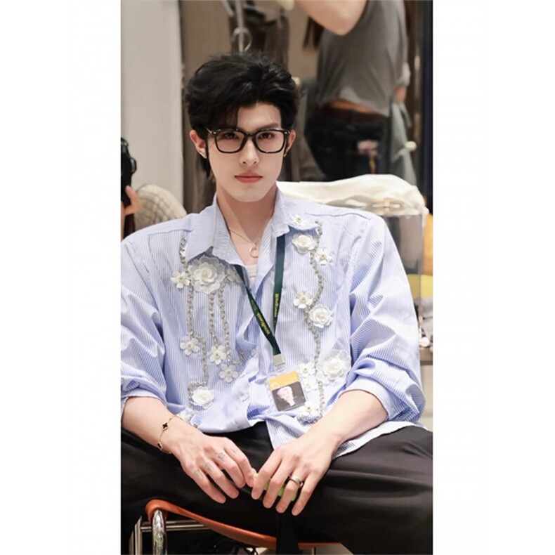 FF3419-P572025美式潮流小众设计感手工立体订花条纹长袖衬衫，男装衬衫，电商B323A