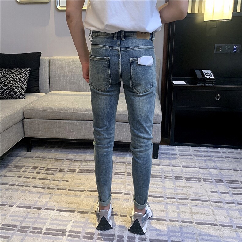 B230浅蓝色做旧水洗修身小脚弹力男显瘦铅笔牛仔裤,男装牛仔裤,电商B230