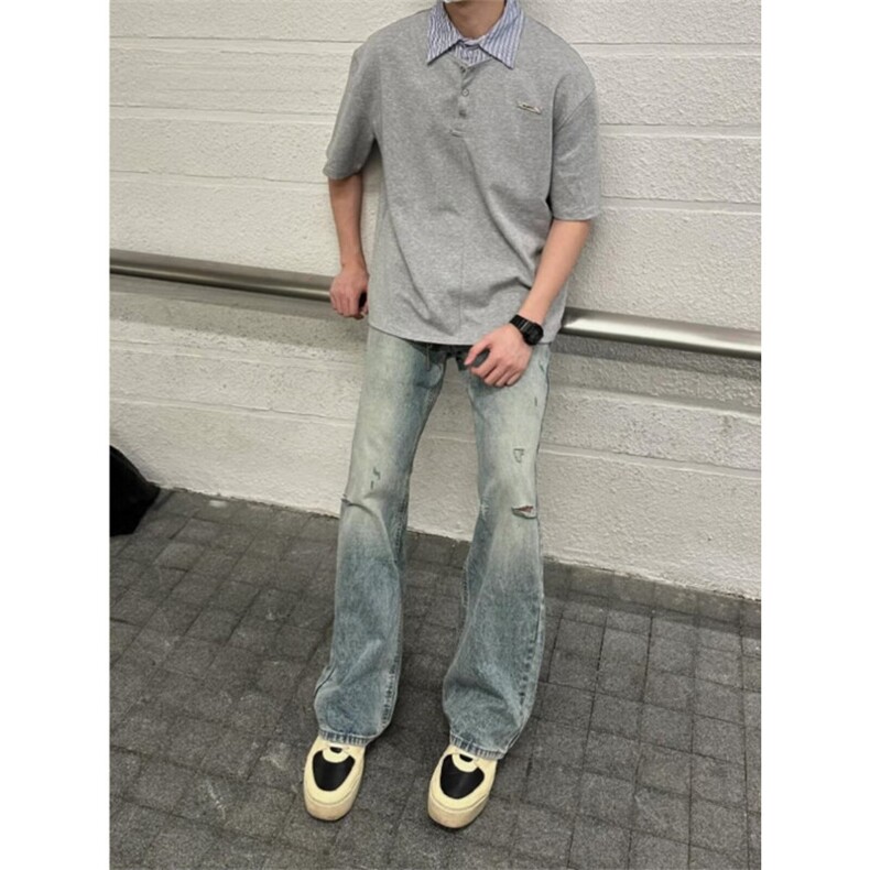 小众设计感假两件polo衫短袖男款夏季高街痞帅拼接t恤男装半袖潮,男装Polo衫,星座506A