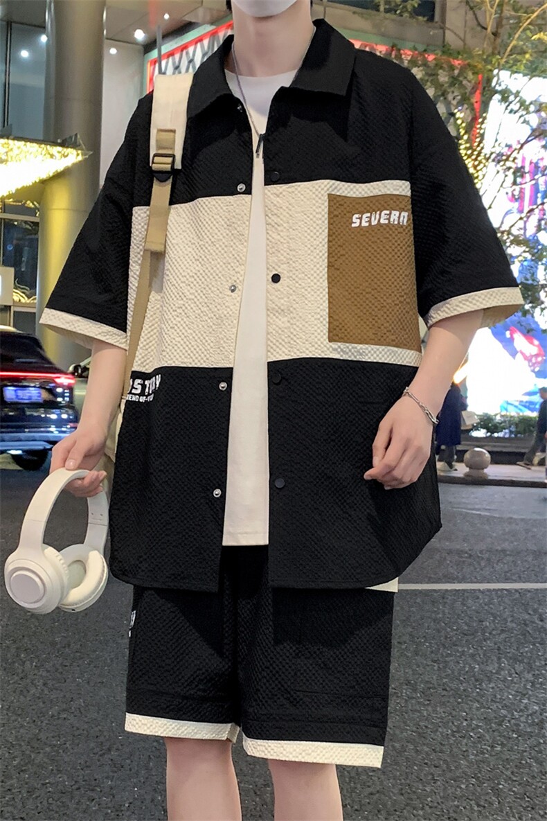 港风夏潮流印花拼接开衫宽松短袖衬衣短裤帅气套装A436-D218-P60,男装休闲套装,电商A436