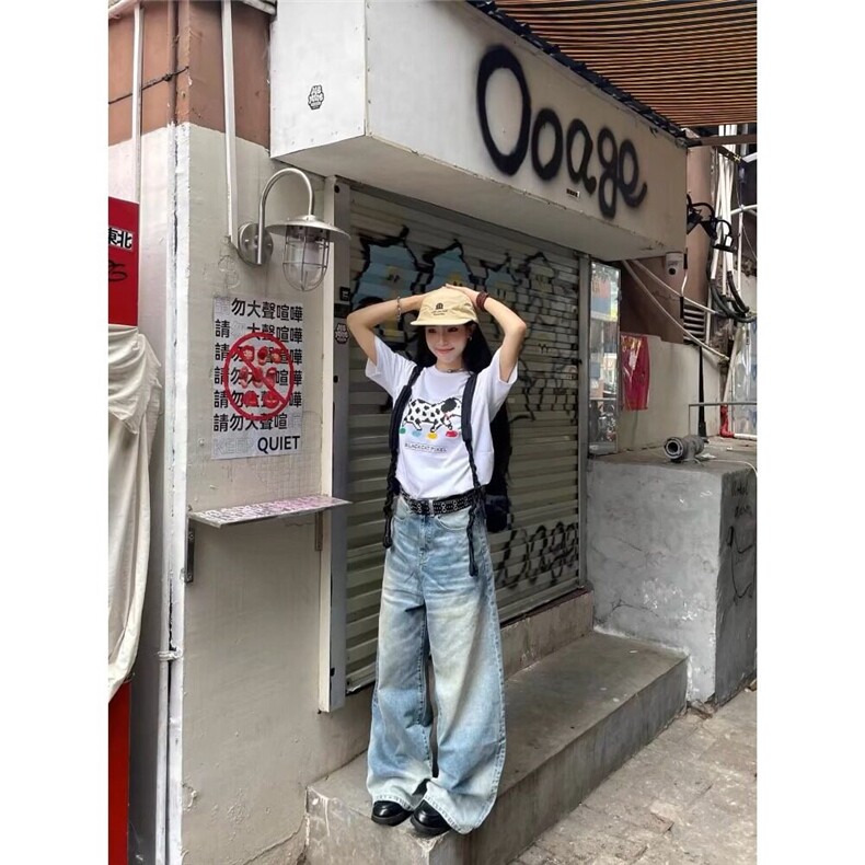 美式复古猫须水洗蓝色牛仔裤男女直筒百搭宽松潮牌vintage长裤子,男装牛仔裤,星座506A