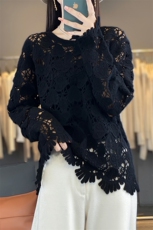 重工镂空钩花100%纯羊毛衫女圆领爱心刺绣长袖毛衣宽松慵懒羊绒衫，商品下架区，优麦羊绒（原洪叶羊绒）