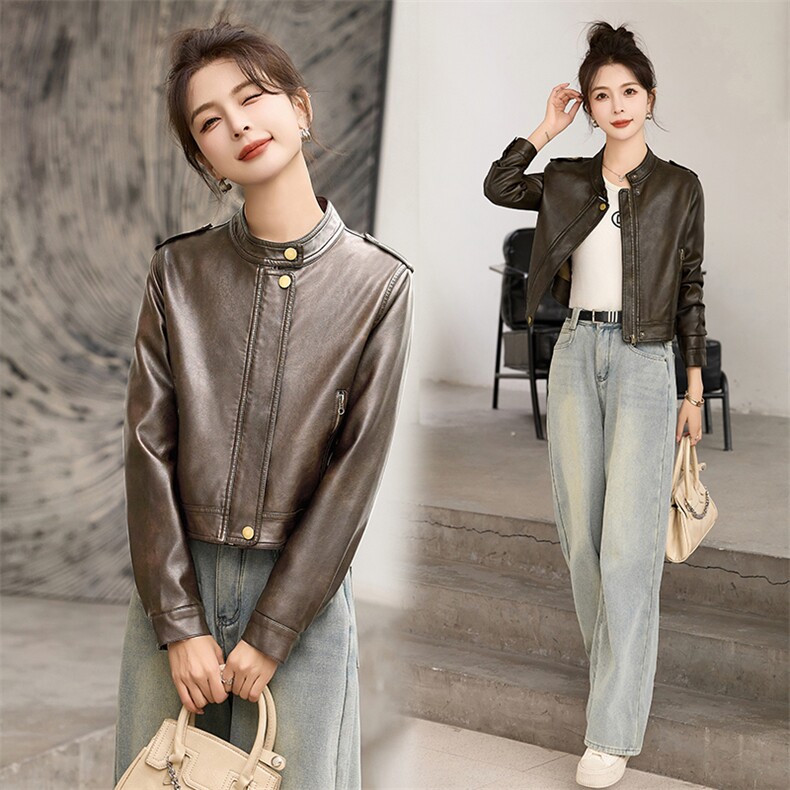 复古短款皮衣外套女2025春秋新款小个子修身洋气减龄百搭夹克上衣,女装皮衣,臻衣坊