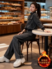 洋气设计感休闲运动套装女秋冬时尚撞色加绒外套阔腿裤显瘦两件套，女装套装/套裙，江南