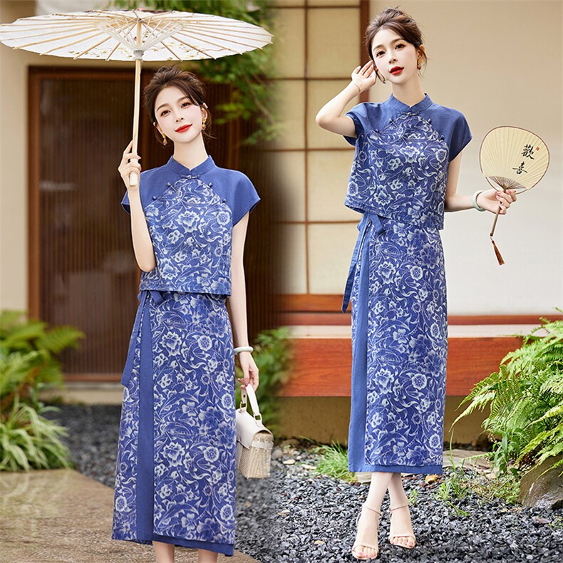 新中式棉麻套装裙女2024夏天新品气质高端麻料苎麻印花时尚两件套,女装套装/套裙,依如秀(原杭风阁)