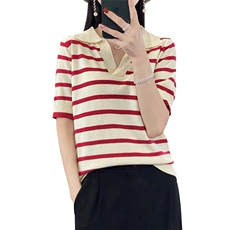 POLO领精纺羊毛短袖女条纹时尚拼色夏装新款百搭套头背心薄款上衣，女装针织衫/毛衣，萱芳婷羊绒