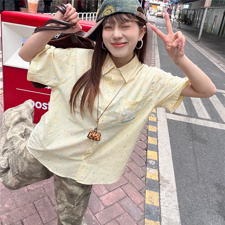 CEDY潮牌可爱趣味小兔短袖衬衫男女宽松慵懒风设计感vintage衬衣,男装衬衫,星座1210-1