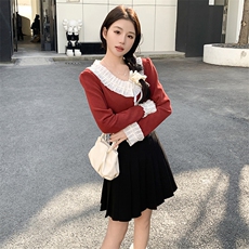 针织花边长袖上衣女春秋红色衬衫时尚修身显瘦设计感2025新款百搭，女装针织衫/毛衣，鑫慧
