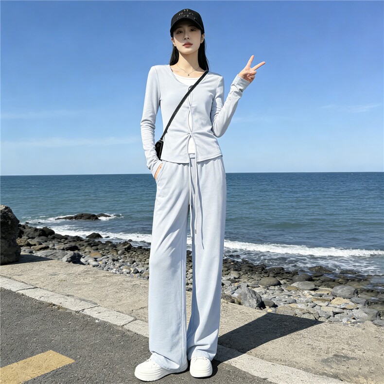 欧货休闲时尚套装女春季新款圆领拼接假两件短款上衣阔腿裤两件套,女装套装/套裙,江南