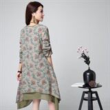 优雅复古印花长袖连衣裙宽松显瘦不规则下摆设计，女装连衣裙，丽影随形