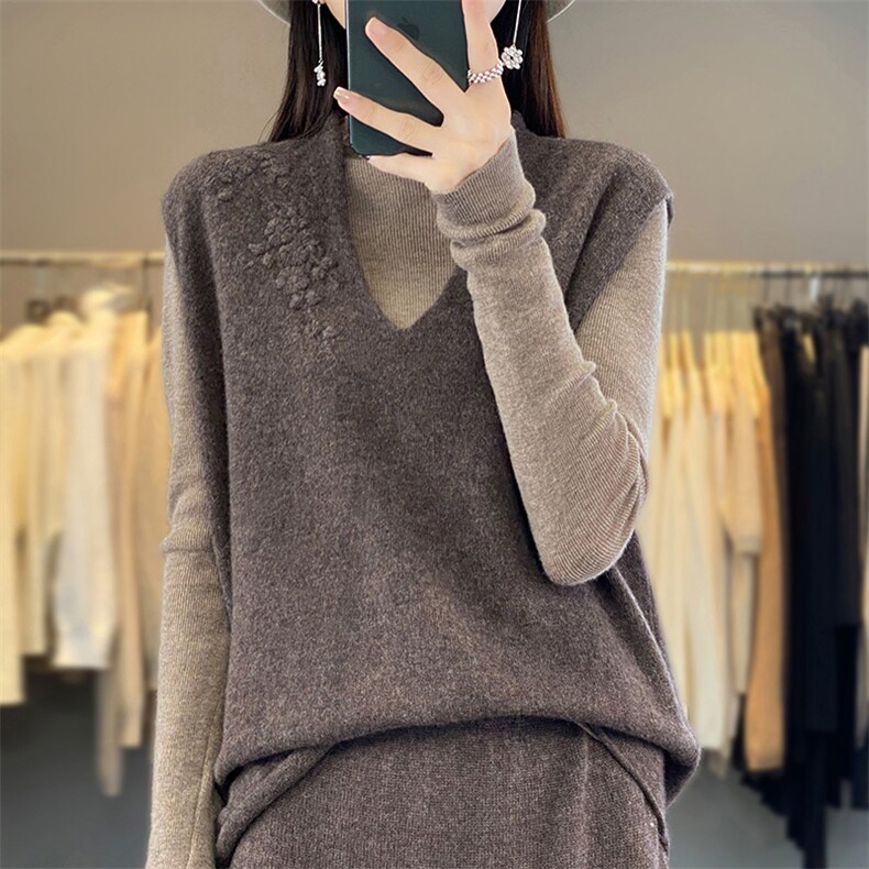 秋冬V领100%羊毛针织马甲女手工绣花无袖背心毛衣宽松羊绒衫坎肩,女装马甲,江南羊绒