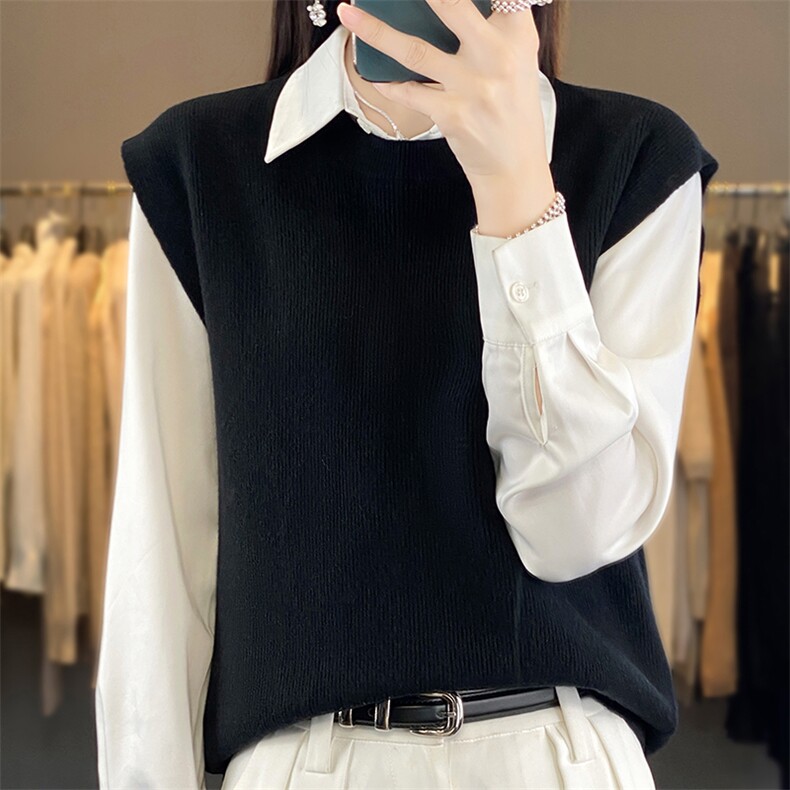 时尚气质休闲百搭简约安迪绒元宝针圆领马甲女,女装马甲,思牵羊绒