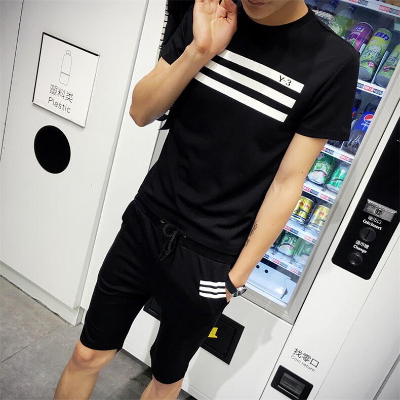 套装免烫处理纯色圆领时尚潮牌夏季短袖修身型青年时尚都市薄款旅游，男装套装，星座1506-1