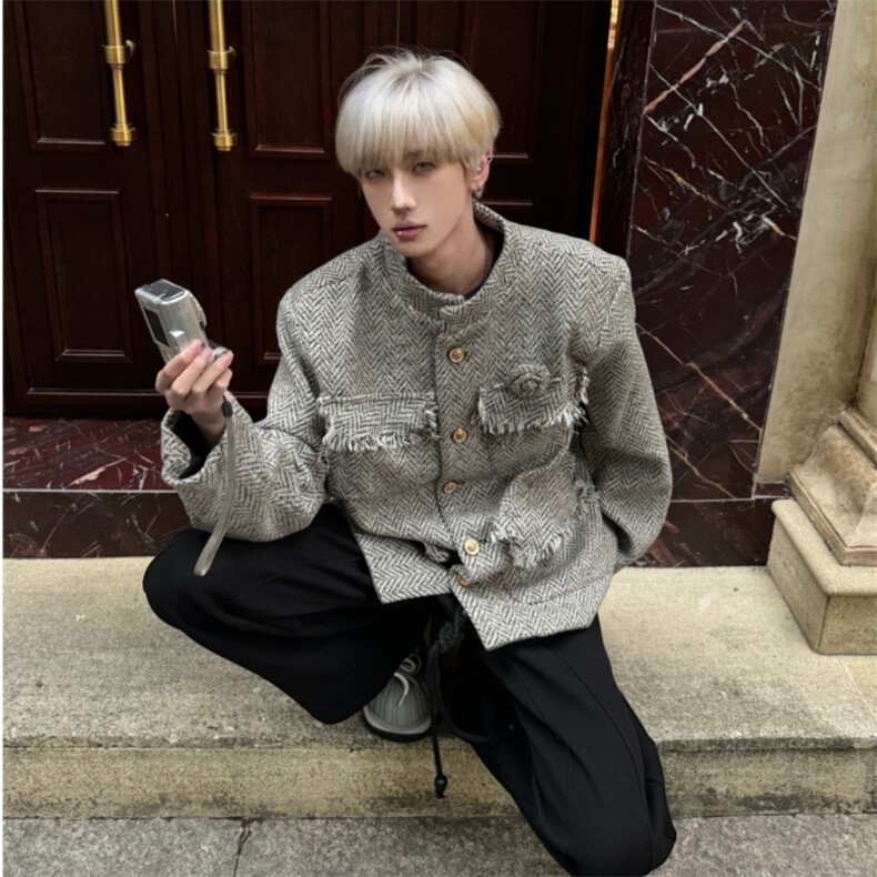 现货自制款抖音质量设计款拉毛胸花小香风夹克，男装夹克，星座910A