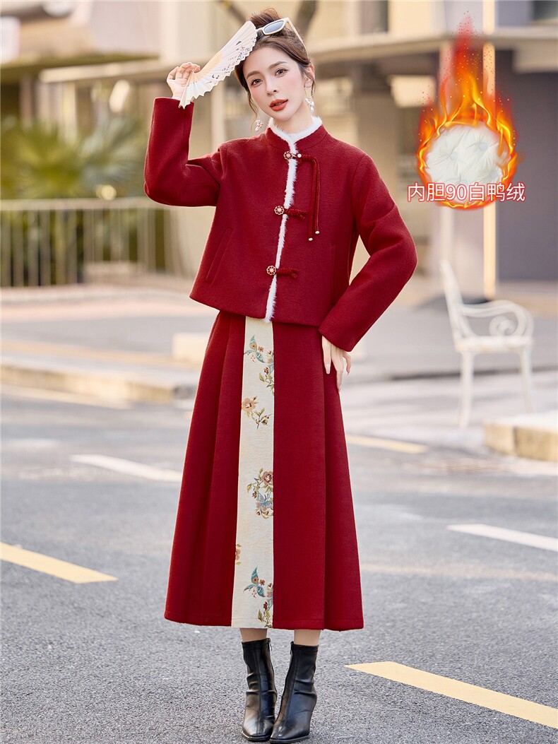 现货新中式提花90羽绒服套装纯色女2025冬季新款超好看保暖女,女装套装/套裙,韩宇舍