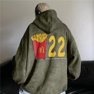 港风秋季新款麂皮绒趣味印花宽松重磅连帽卫衣JK23530特批45控78图片