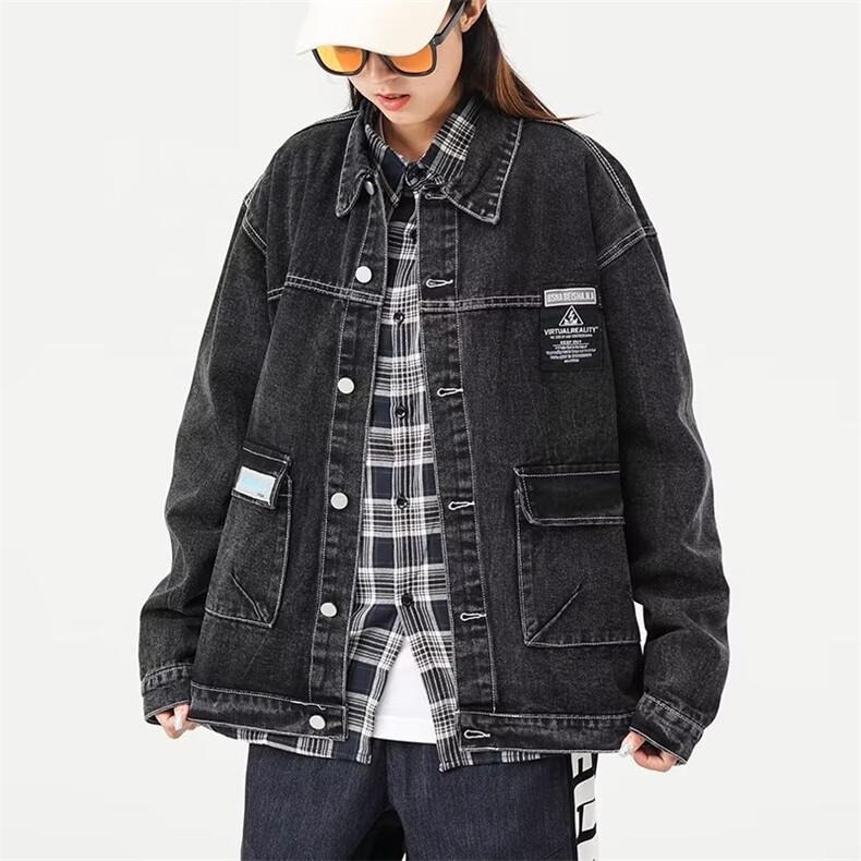 春款男女牛仔夹克工装口袋中性风字母贴标外套大码M-4XLJK5P60,男装夹克,星座1013-1