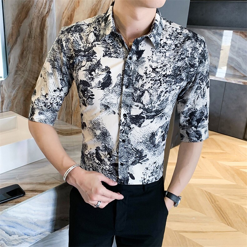 312A-116-P55 2025新款韩版修身帅气花衬衫英伦时尚男士衬衣B图片