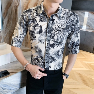 312A-116-P55 2025新款韩版修身帅气花衬衫英伦时尚男士衬衣B图片