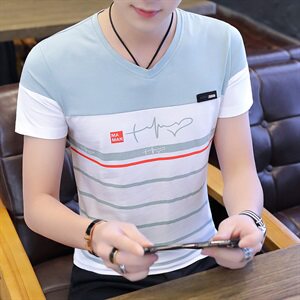 款5027短袖t恤男夏季新款韩版v领条纹纯棉体恤潮流个性半袖图片