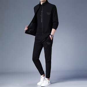 中老年运动套装男士春秋季休闲服中年人爸爸印花卫衣三件套图片
