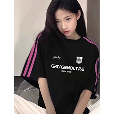 抖音得物品质二开240克宽松纯棉美式潮牌印花三条杠中性风短袖T恤，男装T恤，电商A486