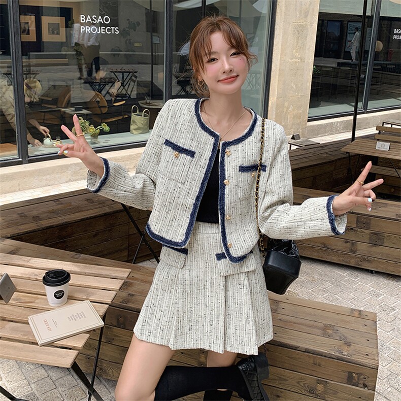小个子穿搭甜美减龄小香风法式上衣套装裙女春新款显瘦短裙两件套,女装套装/套裙,慧尚2-185
