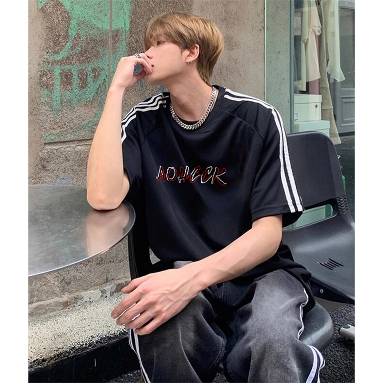 抖音得物高品质二开240克宽松纯棉美式潮牌三条杠织带短袖T恤，男装T恤，电商A486