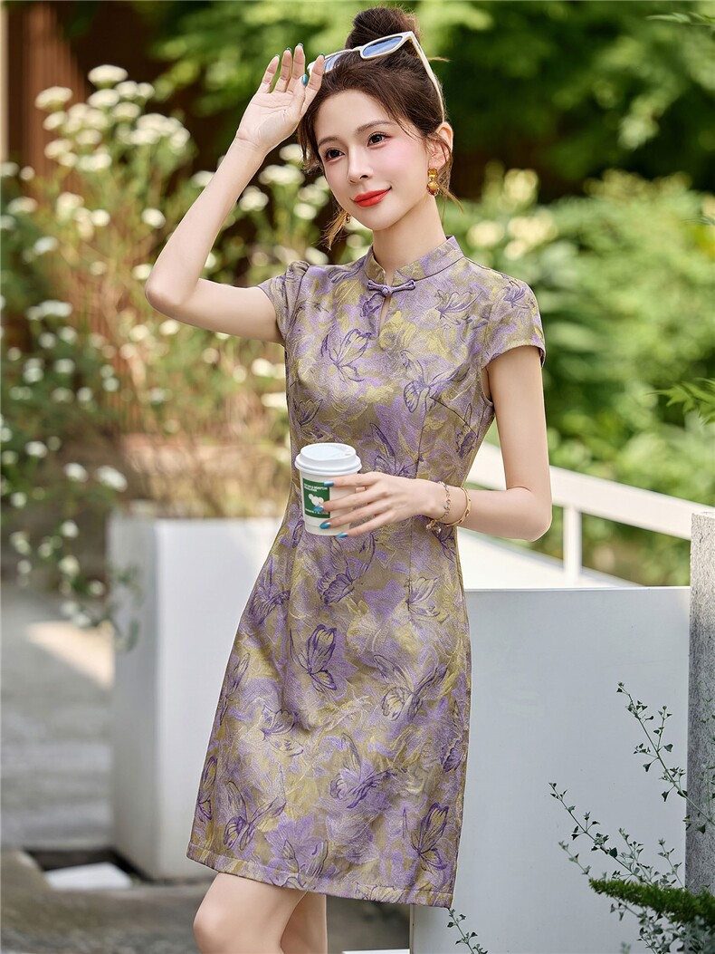 新中式改良旗袍连衣裙女夏复古印花收腰显瘦A字裙气质,女装连衣裙,丽影随形